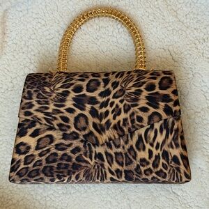 Leopard Print Top-Handle Tote Bag with Gold Handle